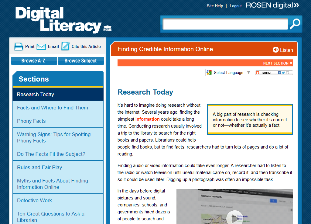 Print Screen de uma página da plataforma Digital Literacy