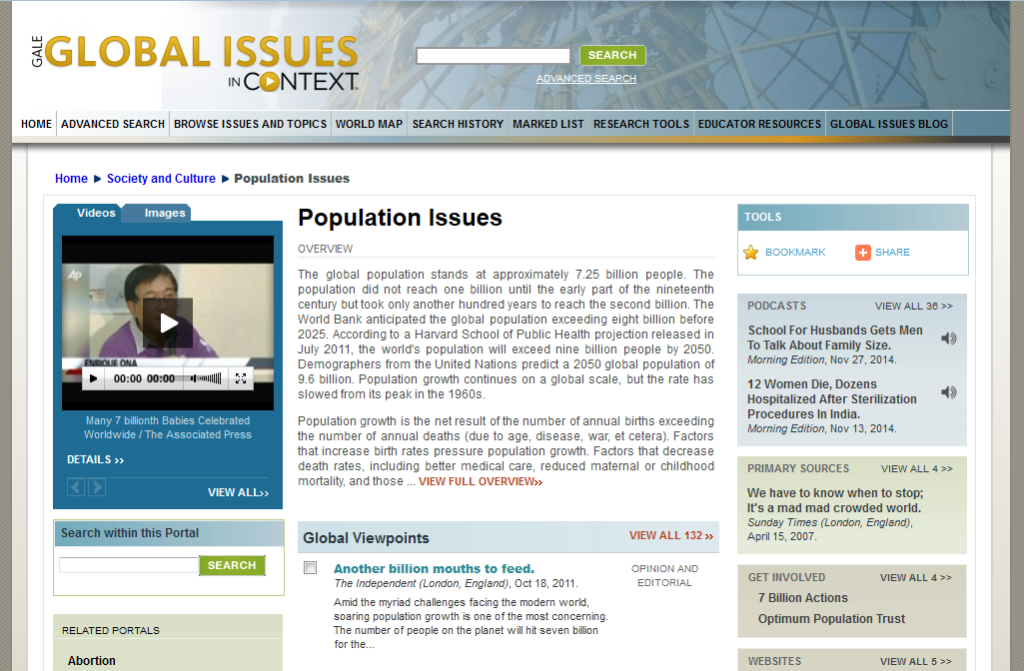 Print Screen de uma página da plataforma Global Issues in Context