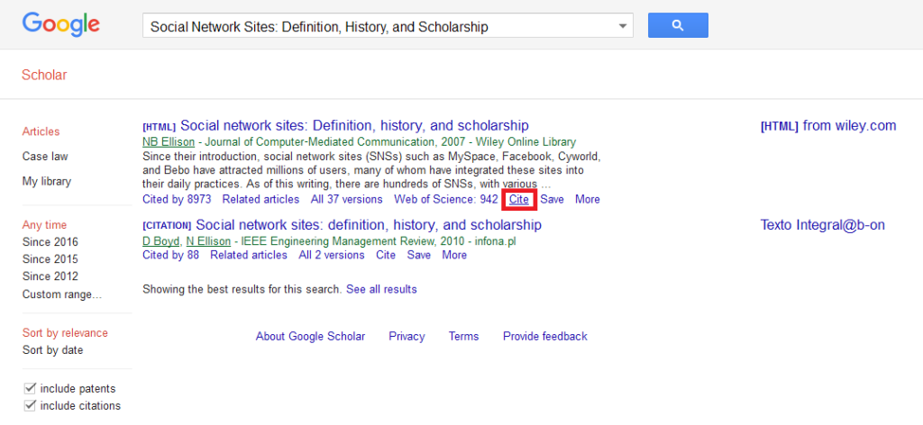 Opção 'Cite' do Google Scholar
